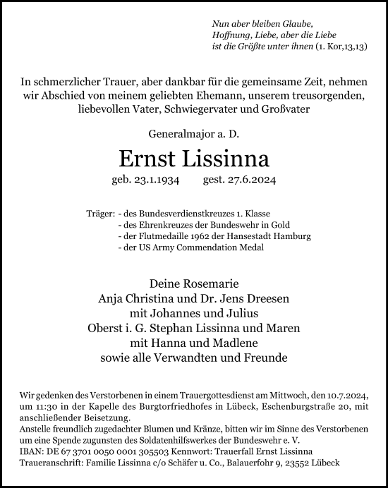 Traueranzeige von Ernst Lissinna von Lübecker Nachrichten