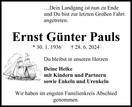 Traueranzeige von Ernst Günter Pauls von Kieler Nachrichten