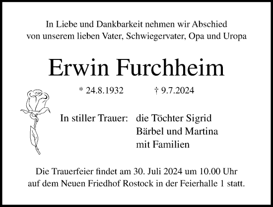 Traueranzeige von Erwin Furchheim von Ostsee-Zeitung GmbH