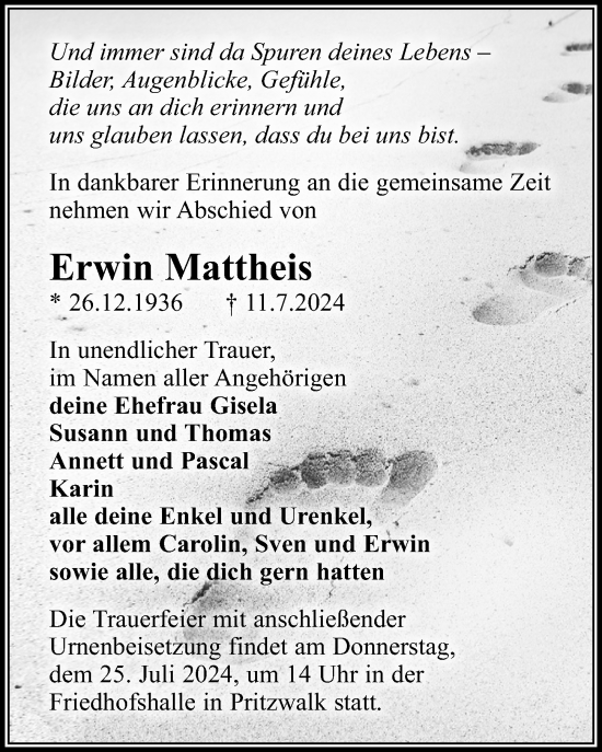 Traueranzeige von Erwin Mattheis von Wochenspiegel
