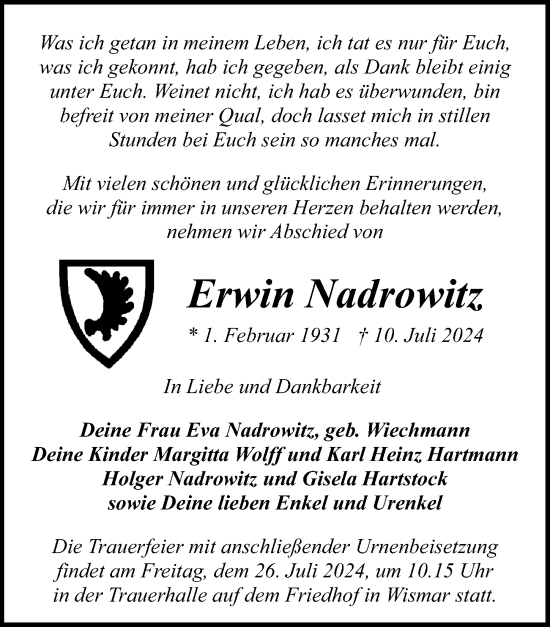 Traueranzeige von Erwin Nadrowitz von Ostsee-Zeitung GmbH