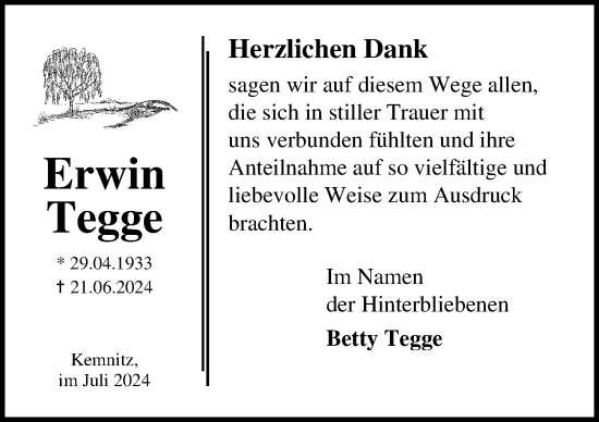 Traueranzeige von Erwin Tegge von Ostsee-Zeitung GmbH