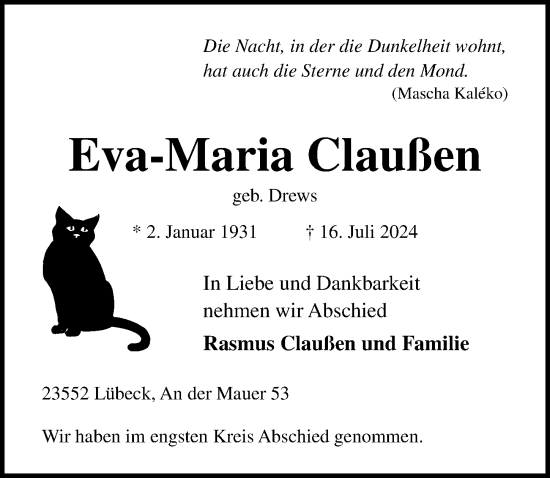 Traueranzeige von Eva-Maria Claußen von Lübecker Nachrichten