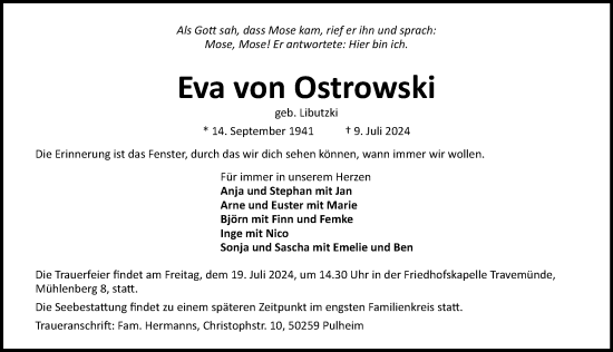 Traueranzeige von Eva von Ostrowski von Lübecker Nachrichten