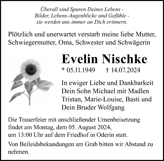 Traueranzeige von Evelin Nischke von Märkischen Allgemeine Zeitung