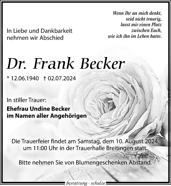 Traueranzeige von Frank Becker von Leipziger Volkszeitung