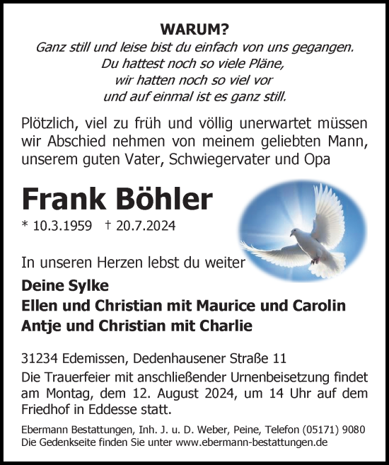 Traueranzeige von Frank Böhler von Peiner Allgemeine Zeitung