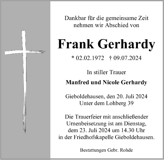 Traueranzeige von Frank Gerhardy von Eichsfelder Tageblatt