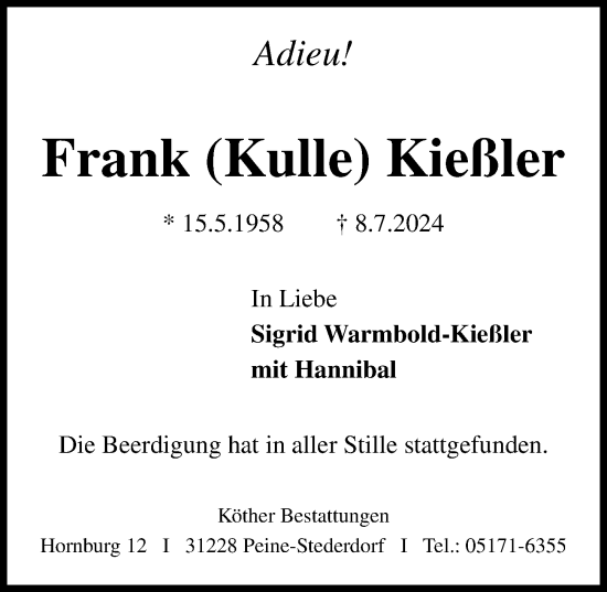 Traueranzeige von Frank Kießler von Peiner Allgemeine Zeitung