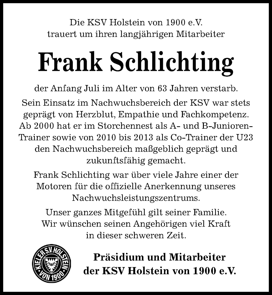  Traueranzeige für Frank Schlichting vom 20.07.2024 aus Kieler Nachrichten