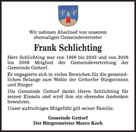 Traueranzeige von Frank Schlichting von Kieler Nachrichten