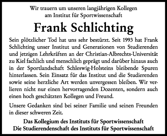 Traueranzeige von Frank Schlichting von Kieler Nachrichten