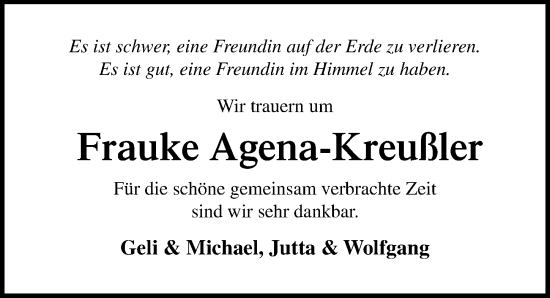 Traueranzeige von Frauke Agena-Kreußler von Lübecker Nachrichten