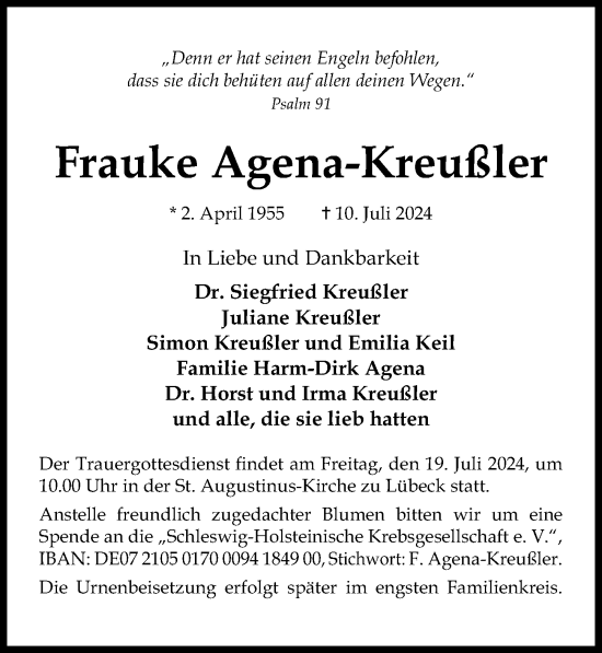 Traueranzeige von Frauke Agena-Kreußler von Lübecker Nachrichten