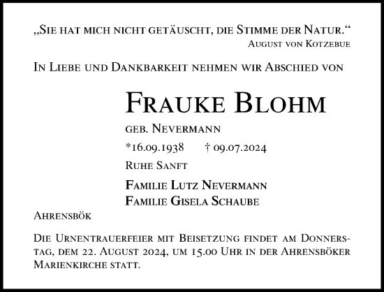Traueranzeige von Frauke Blohm von Lübecker Nachrichten
