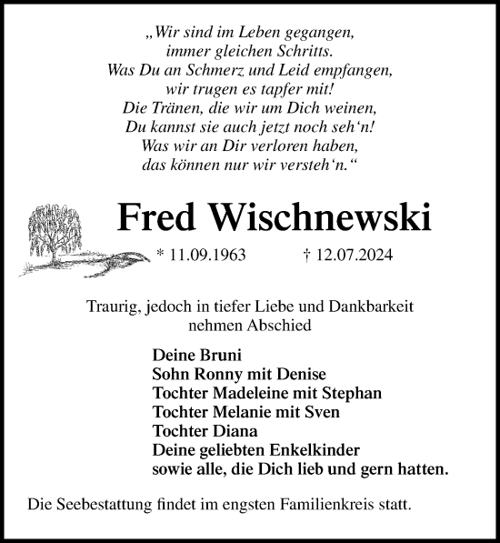Traueranzeige von Fred Wischnewski von Ostsee-Zeitung GmbH