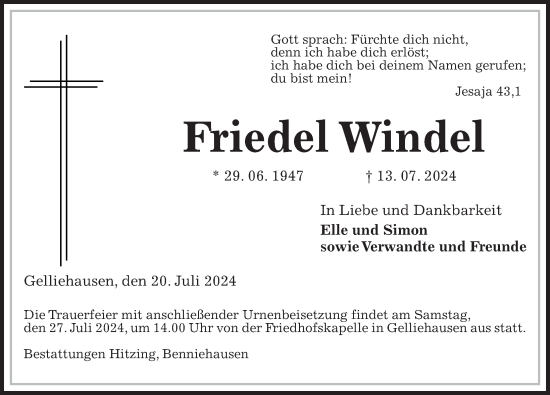 Traueranzeige von Friedel Windel von Göttinger Tageblatt