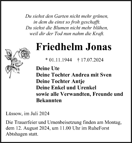 Traueranzeige von Friedhelm Jonas von Ostsee-Zeitung GmbH