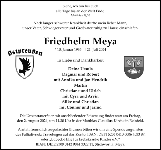 Traueranzeige von Friedhelm Meya von Lübecker Nachrichten