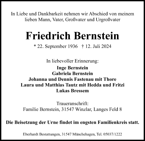 Traueranzeige von Friedrich Bernstein von Hannoversche Allgemeine Zeitung/Neue Presse
