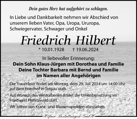 Traueranzeige von Friedrich Hilbert von Torgauer Zeitung