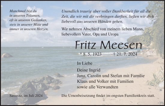 Traueranzeige von Fritz Meesen von Ostsee-Zeitung GmbH