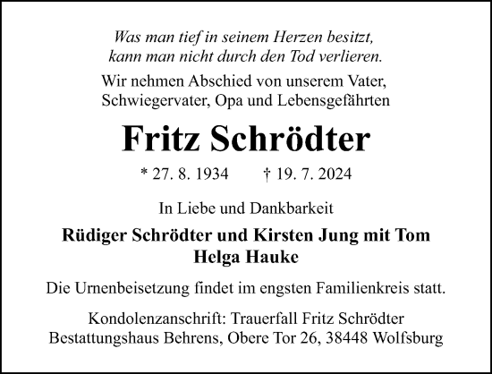Traueranzeige von Fritz Schrödter von Peiner Allgemeine Zeitung