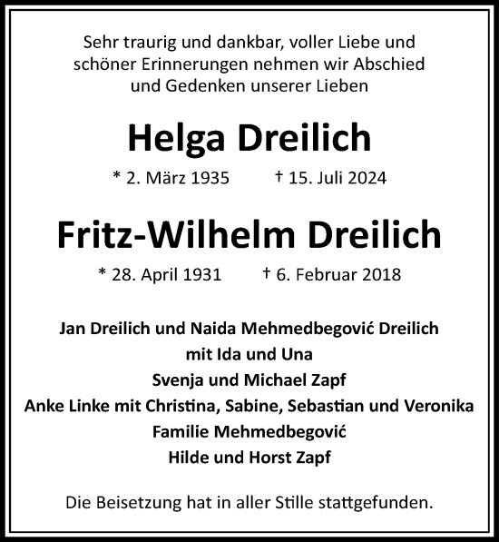 Traueranzeige von Fritz Wilhelm Dreilich von Lübecker Nachrichten
