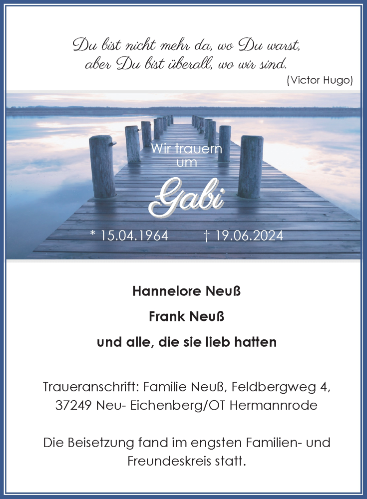  Traueranzeige für Gabi  vom 13.07.2024 aus Göttinger Tageblatt
