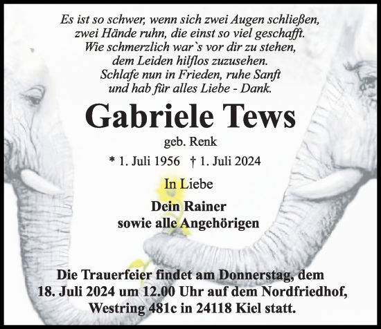 Traueranzeige von Gabriele Tews von Kieler Nachrichten