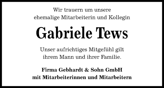 Traueranzeige von Gabriele Tews von Kieler Nachrichten