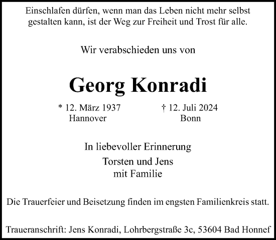 Traueranzeige von Georg Konradi von Hannoversche Allgemeine Zeitung/Neue Presse
