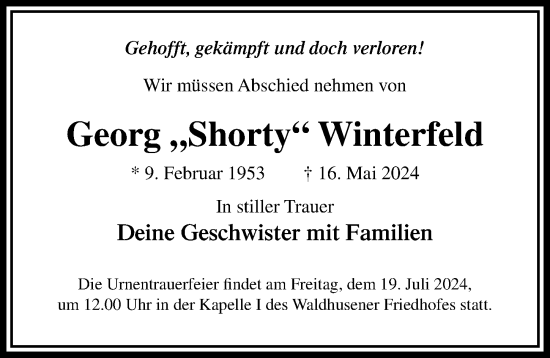 Traueranzeige von Georg  Winterfeld von Lübecker Nachrichten