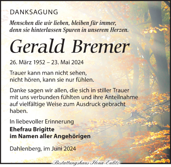 Traueranzeige von Gerald Bremer von Torgauer Zeitung