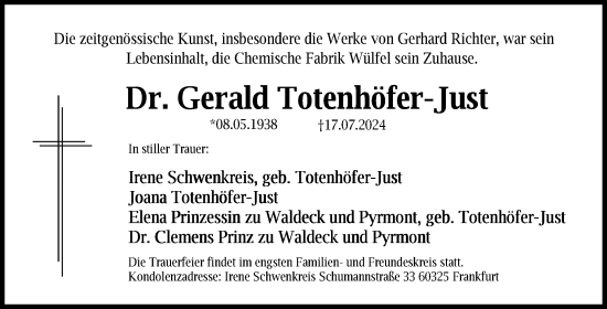 Traueranzeige von Gerald Totenhöfer-Just von Hannoversche Allgemeine Zeitung/Neue Presse