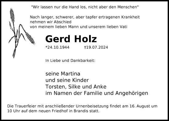 Traueranzeige von Gerd Holz von Leipziger Volkszeitung