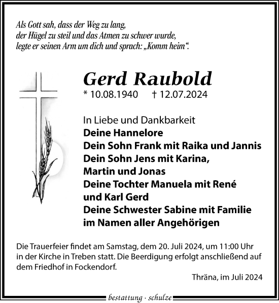 Traueranzeige von Gerd Raubold von Leipziger Volkszeitung
