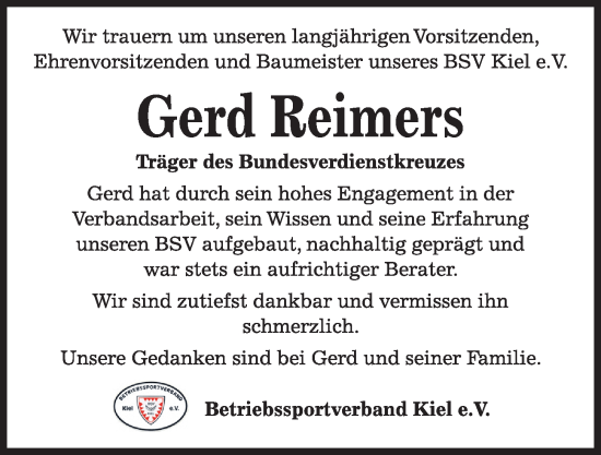 Traueranzeige von Gerd Reimers von Kieler Nachrichten