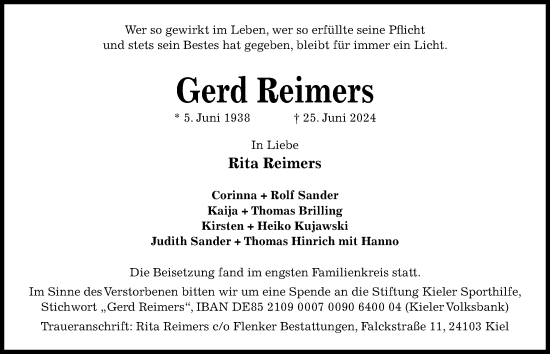 Traueranzeige von Gerd Reimers von Kieler Nachrichten