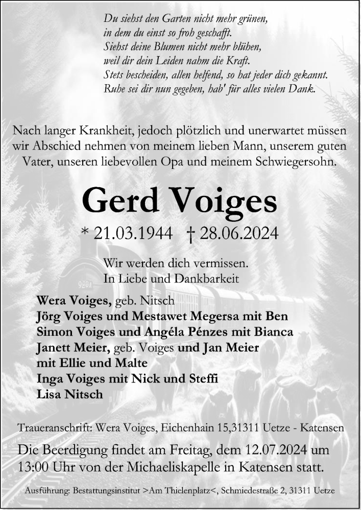  Traueranzeige für Gerd Voiges vom 06.07.2024 aus Hannoversche Allgemeine Zeitung/Neue Presse