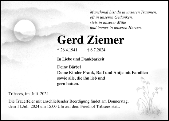 Traueranzeige von Gerd Ziemer von Ostsee-Zeitung GmbH