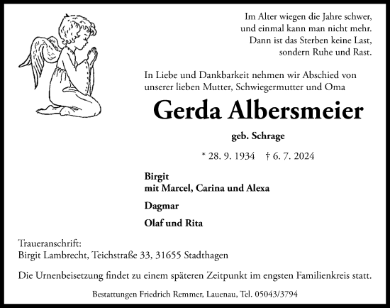 Traueranzeige von Gerda Albersmeier von Schaumburger Nachrichten