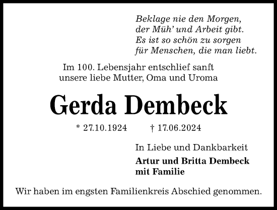 Traueranzeige von Gerda Dembeck von Kieler Nachrichten