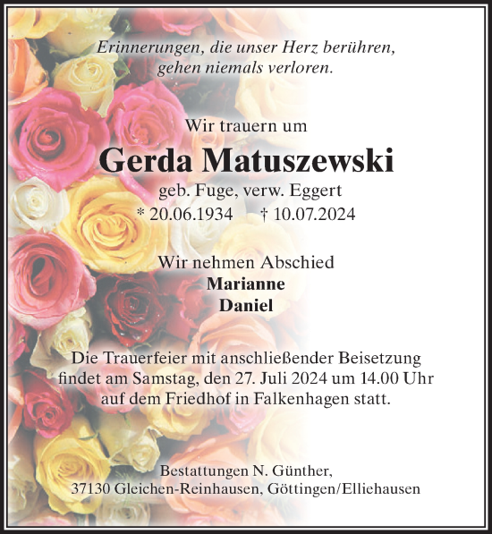 Traueranzeige von Gerda Matuszewski von Göttinger Tageblatt