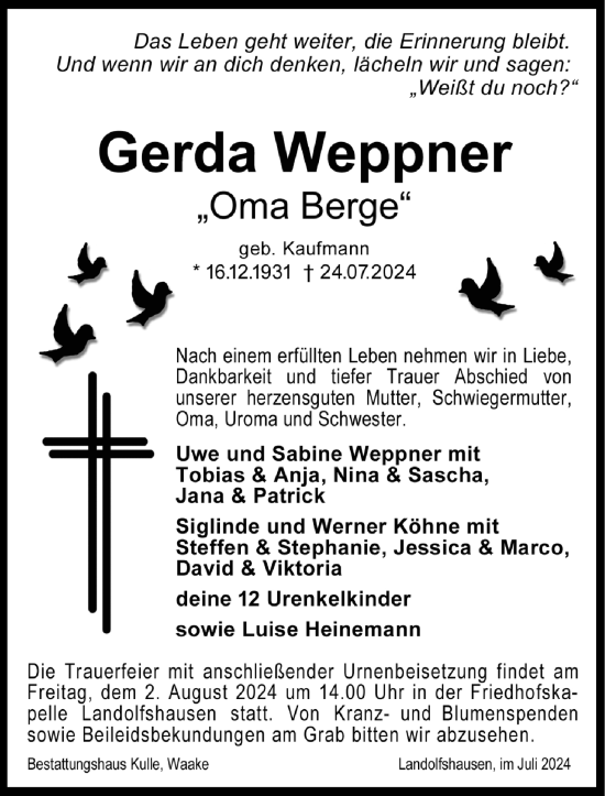 Traueranzeige von Gerda Weppner von Göttinger Tageblatt