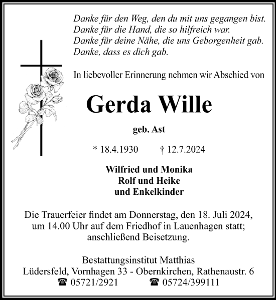 Traueranzeige von Gerda Wille von Schaumburger Nachrichten