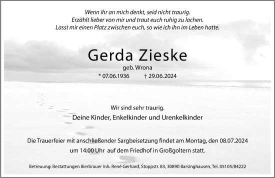 Traueranzeige von Gerda Zieske von Hannoversche Allgemeine Zeitung/Neue Presse
