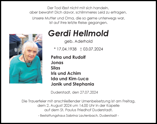 Traueranzeige von Gerdi Hellmold von Eichsfelder Tageblatt