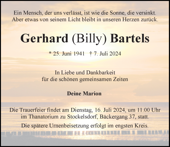 Traueranzeige von Gerhard  Bartels von Lübecker Nachrichten