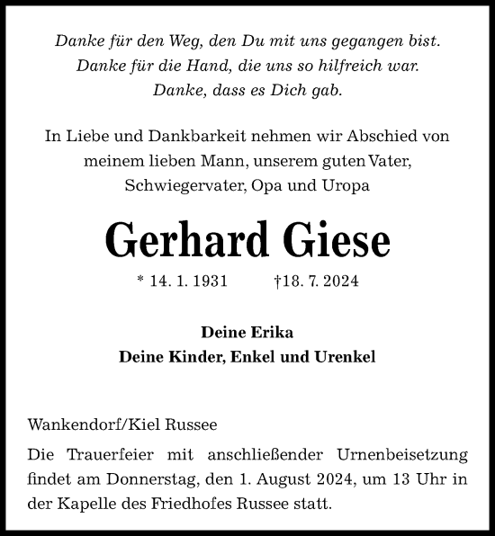 Traueranzeige von Gerhard Giese von Kieler Nachrichten